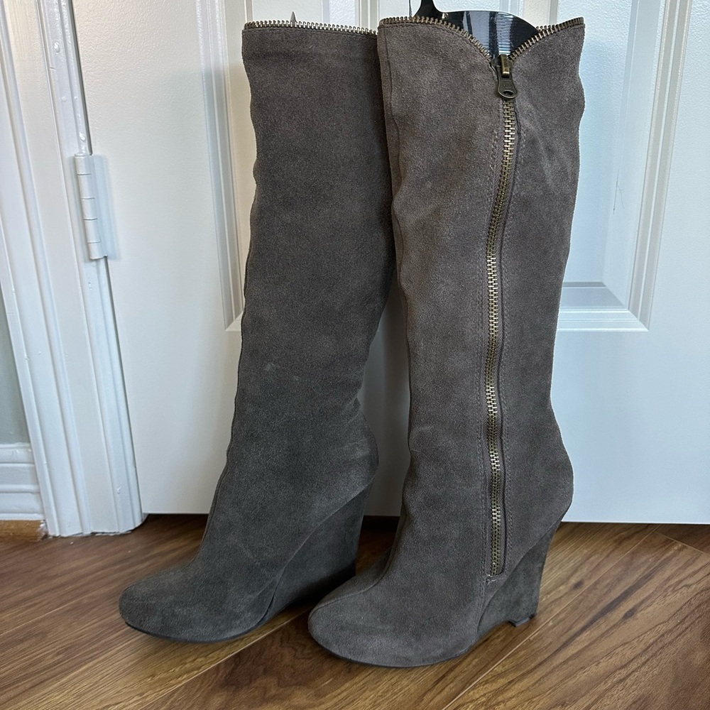 MIA Taupe Suede Wedge Knee-High Boots